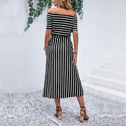 Zaba Clothing Women Summer Elegant Off-Shoulder Striped Tie Waist Midi Dress