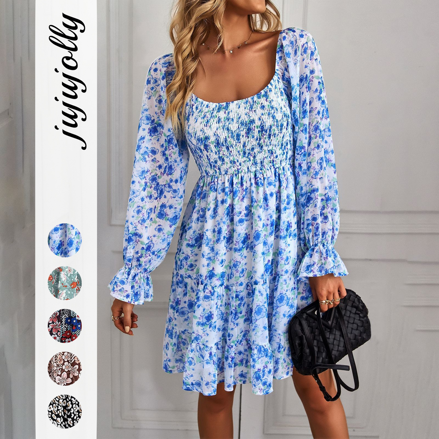 2026 New Arrivals Autumn Women’s Bohemian Print Waist-Tied Square Neck Long Sleeve Dress