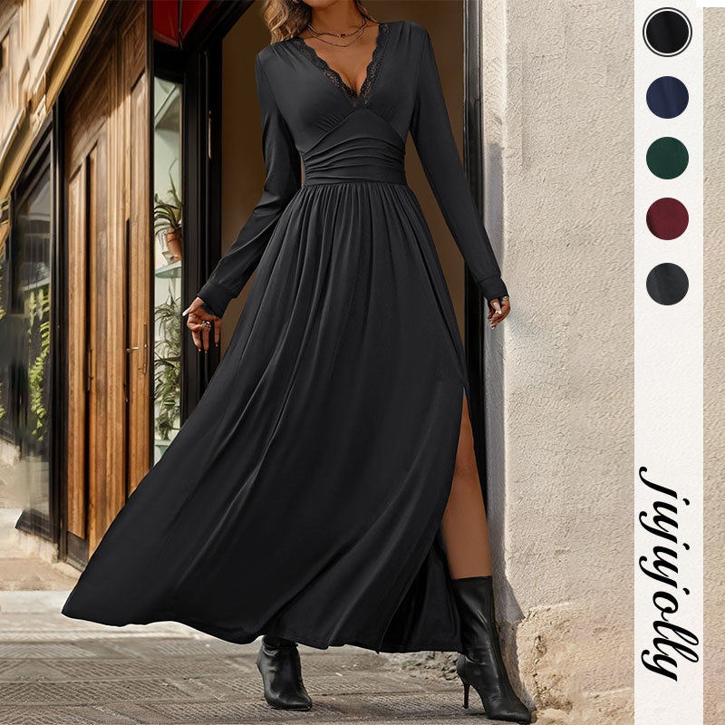 Autumn New Arrivals Women’s Clothing Elegant Lace Spliced V-Neck Solid Color Slit Slim Fit Maxi Dress