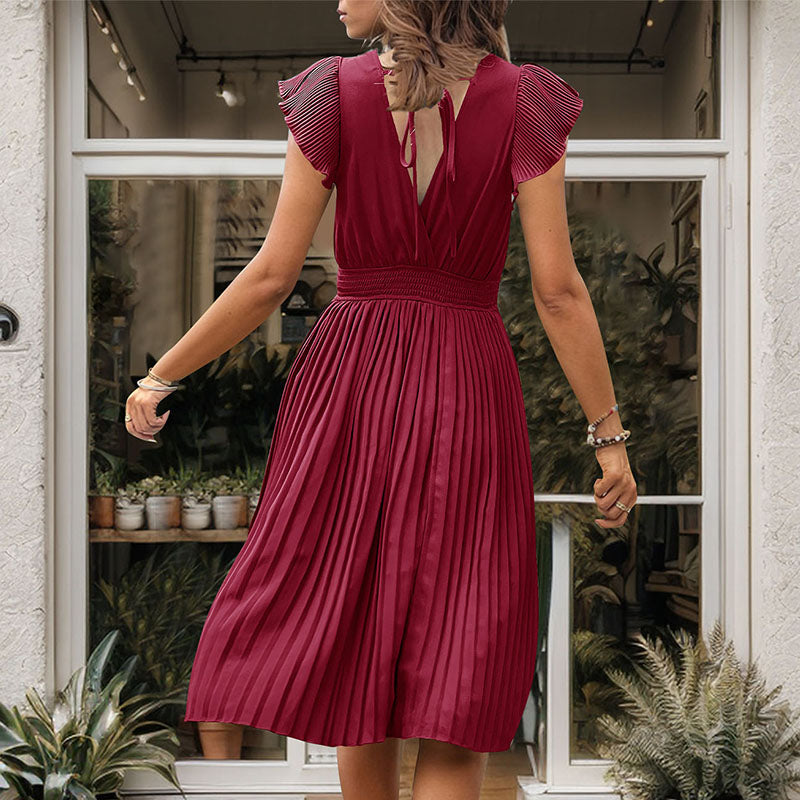 New Arrivals 2026 Women’s Elegant Solid Color V-Neck Waist-Gathered Pleated Dress