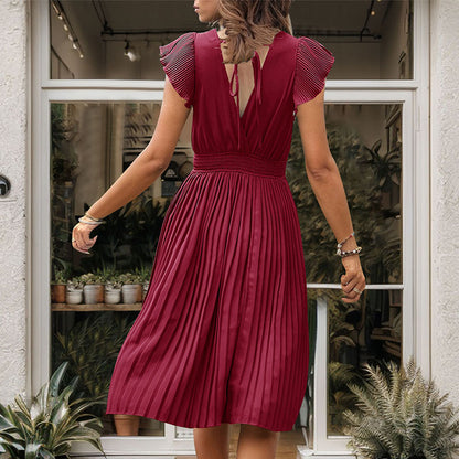 New Arrivals 2026 Women’s Elegant Solid Color V-Neck Waist-Gathered Pleated Dress