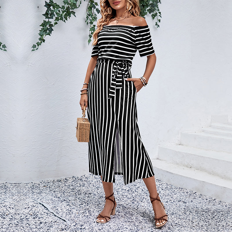 Zaba Clothing Women Summer Elegant Off-Shoulder Striped Tie Waist Midi Dress