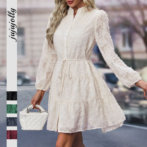 Autumn New Women’s Clothing Fashionable Jacquard Tie Waist Solid Color Short Dress