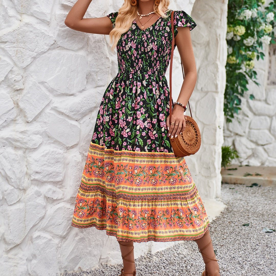 Summer Women’s Clothing Elegant Floral Print V-Neck Flutter Sleeve Bohemian Midi Dress