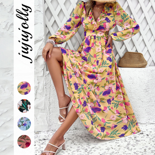 Autumn Fashion Women’s Chiffon Long Sleeve Tie V-Neck Waist-Tied Maxi Print Dress