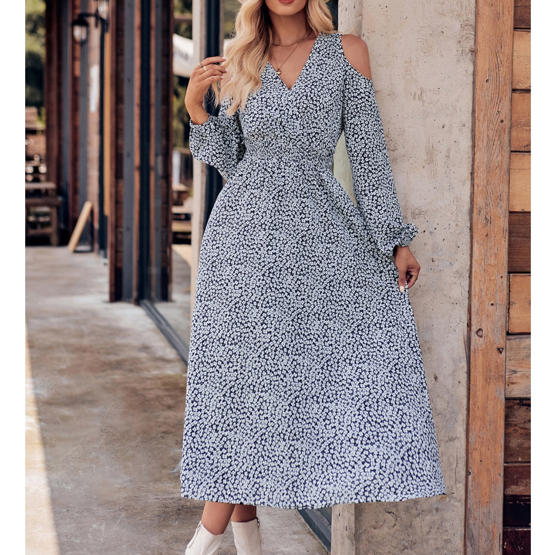 2026 New Arrivals Autumn Women’s Fashion Casual Off-Shoulder Floral V-Neck Long Sleeve Maxi Dress