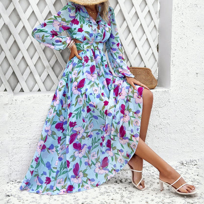 Autumn Fashion Women’s Chiffon Long Sleeve Tie V-Neck Waist-Tied Maxi Print Dress