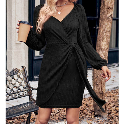 Autumn Fashion Women’s Solid Color Long Sleeve V-Neck Slim Fit Tie-Waist Knee-Length Dress