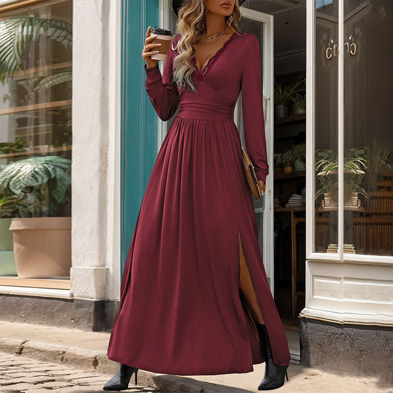 Autumn New Arrivals Women’s Clothing Elegant Lace Spliced V-Neck Solid Color Slit Slim Fit Maxi Dress