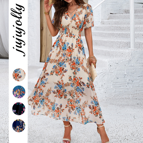 Summer Chiffon Women’s Clothing Elegant Floral Print V-Neck Cinched Waist Short Sleeve Dress
