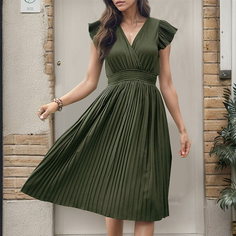 New Arrivals 2026 Women’s Elegant Solid Color V-Neck Waist-Gathered Pleated Dress