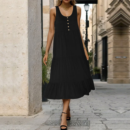 Summer New Women’s Clothing Simple Elegant Sleeveless U-Neck Loose Midi Dress