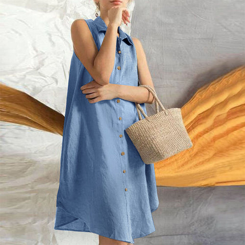 Summer Fashion Women’s Solid Color Loose Fit Knee-Length Sleeveless Shirt Dress