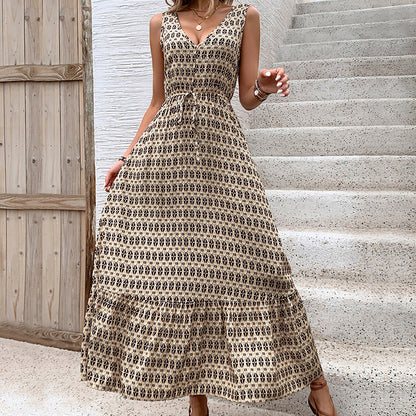 Zaba Clothing Women’s Elegant Diamond Print Sleeveless V-Neck Tie-Waist Maxi Dress