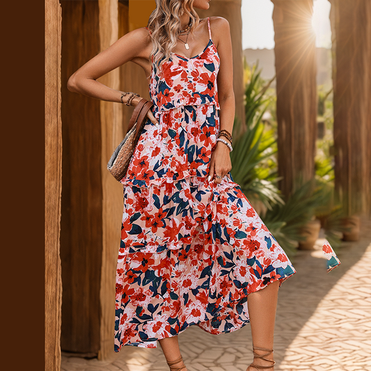 Women’s Clothing High Quality Summer High-End Floral Print V-Neck Vacation Strap A-Line