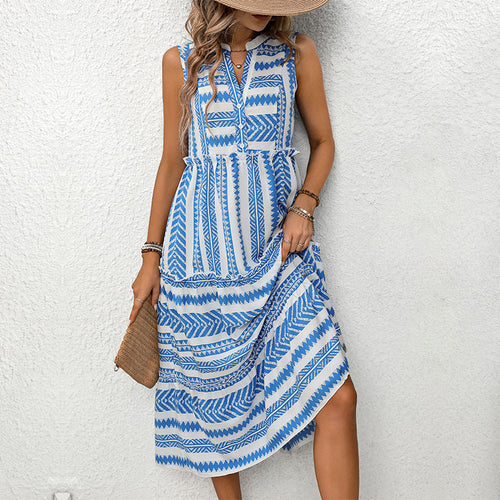 Summer New Women’s Clothing Bohemian Vacation Style Geometric Print V-Neck Sleeveless Dress
