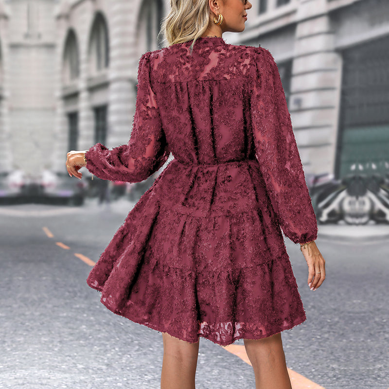 Autumn New Women’s Clothing Fashionable Jacquard Tie Waist Solid Color Short Dress
