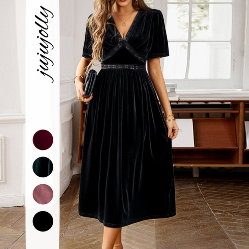 Women’s Clothing Summer 2026 Elegant Solid Color Velvet Embroidered Spliced V-Neck Short Sleeve Midi Dress