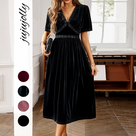 Women’s Clothing Summer 2026 Elegant Solid Color Velvet Embroidered Spliced V-Neck Short Sleeve Midi Dress