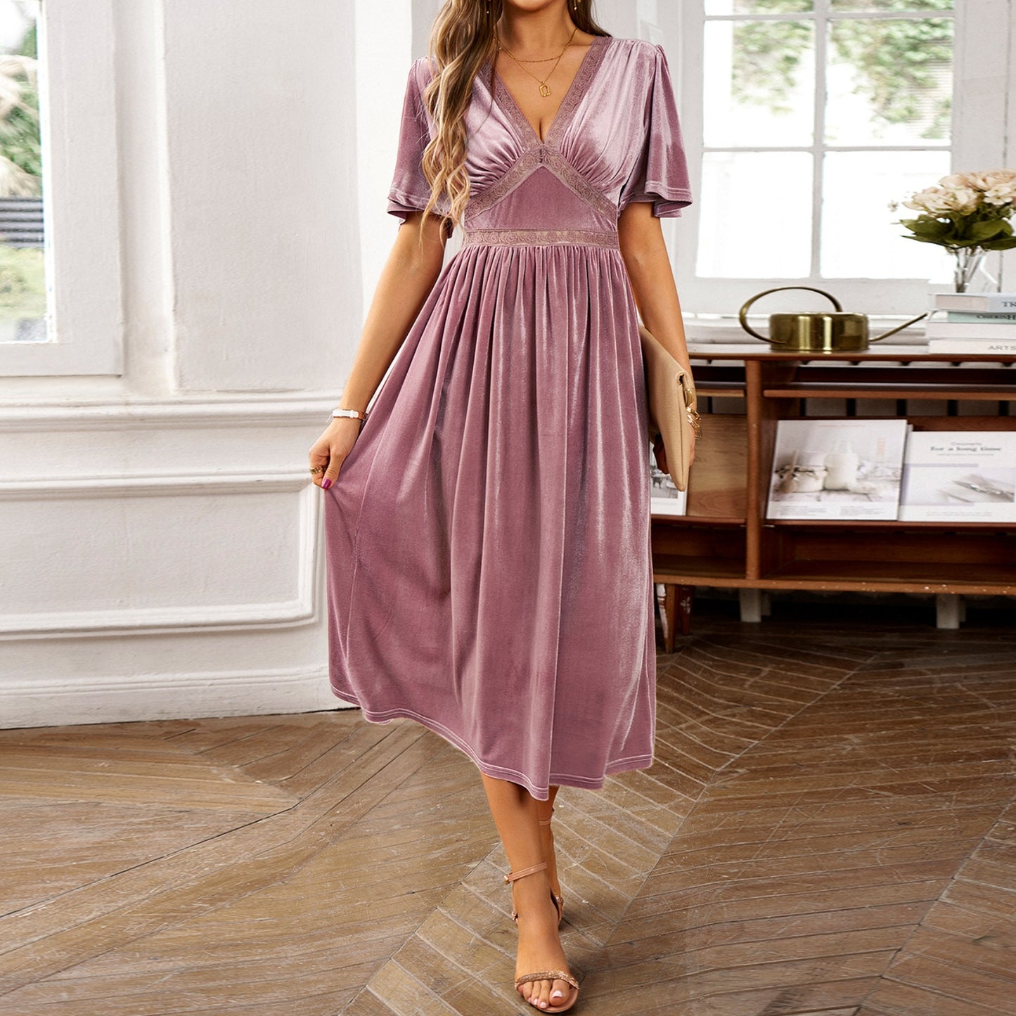 Women’s Clothing Summer 2026 Elegant Solid Color Velvet Embroidered Spliced V-Neck Short Sleeve Midi Dress
