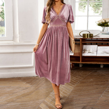 Women’s Clothing Summer 2026 Elegant Solid Color Velvet Embroidered Spliced V-Neck Short Sleeve Midi Dress