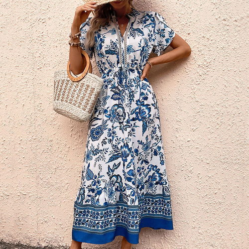 Summer New Women’s Clothing Elegant V-Neck Blue Vintage Floral Print Waist-Tied Midi Dress