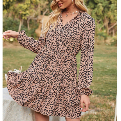 2026 New Arrivals Autumn Elegant French V-Neck Tie Animal Print Long Sleeve Knee-Length Dress