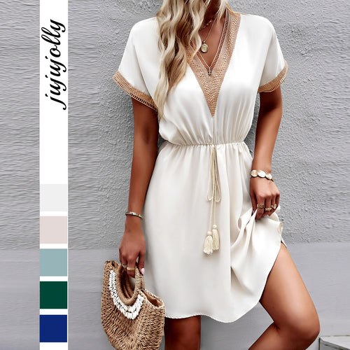 Women’s Clothing Summer 2026 Casual Fashion Lace Patchwork V-Neck Tie-Up Short Dress
