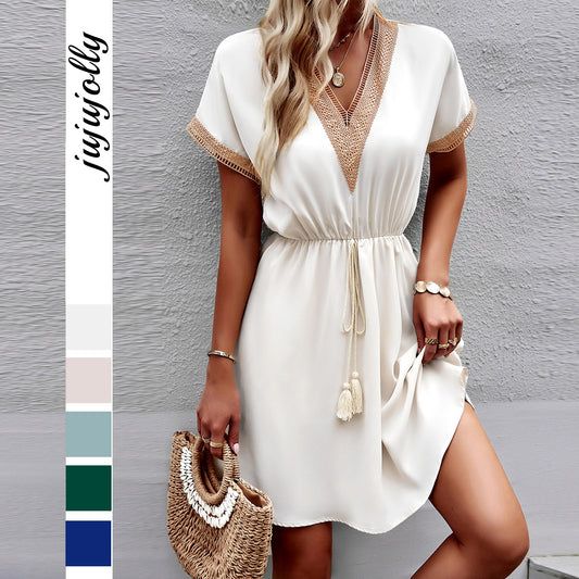 Women’s Clothing Summer 2026 Casual Fashion Lace Patchwork V-Neck Tie-Up Short Dress