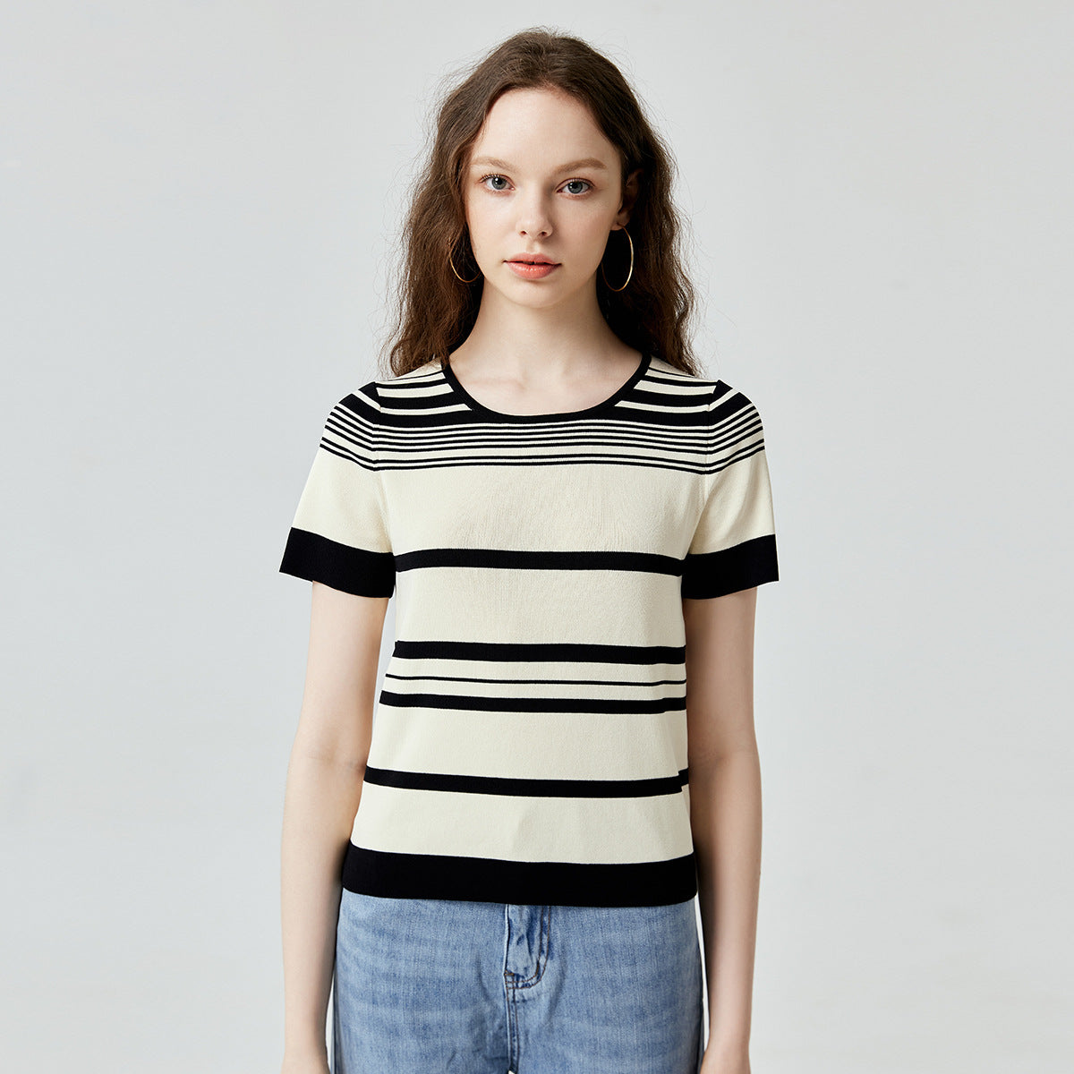 High quality casual color blocking thin knitwear striped jumper mujer short sleeve o-neck summer knitted sweaters