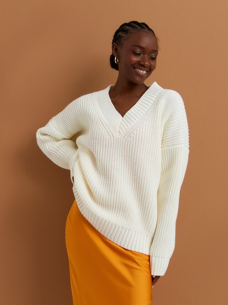 Trending Fall Winter Loose v neck jumpers casual pullover knitted elegant thicken sweater for women