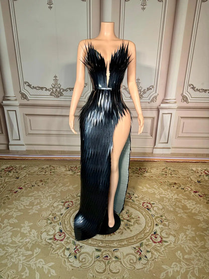 ZD Women’s Sequin Beading Appliques Floor-Length A-Line Nightclub Dress Sexy Deep V Neck Halter High Side Slit Natural