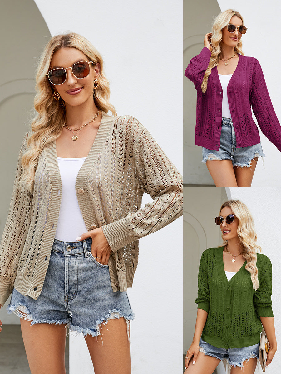 women hollow out sweater v neck Long Sleeve knitwear winter solid color knitted elegant cardigan