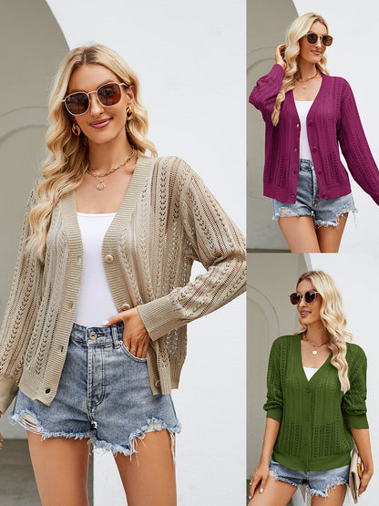 women hollow out sweater v neck Long Sleeve knitwear winter solid color knitted elegant cardigan