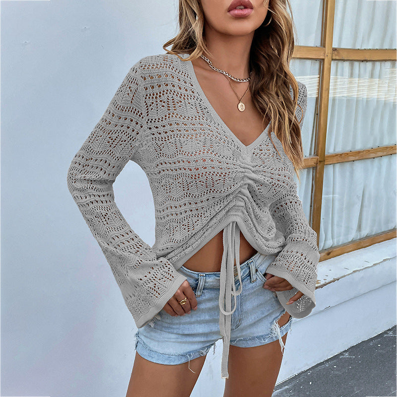 slim fit v neck sexy knit cropped tank top long sleeve hollow out knitwear women casual pullover ruffles vest