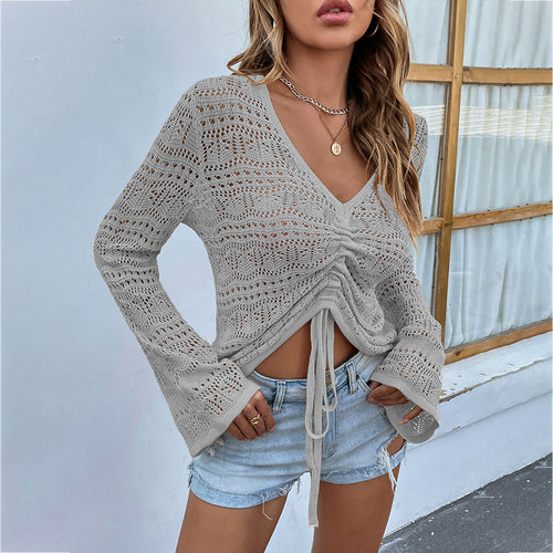 slim fit v neck sexy knit cropped tank top long sleeve hollow out knitwear women casual pullover ruffles vest