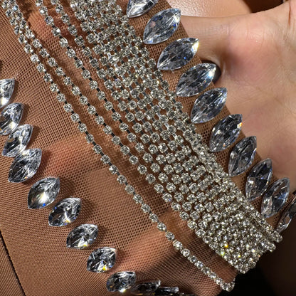 ZD Sexy Rhinestone Tassel Backless Geometric Bodycon Mini Dress-Dazzling Strapless Dance Wear Natural Anti-Wrinkle Club