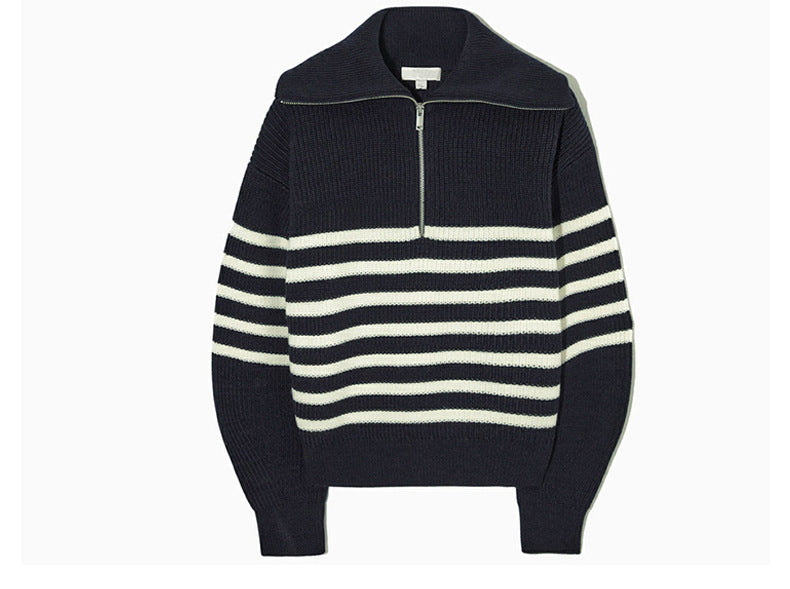 lapel collar knitwear women lantern sleeve striped casual oversize elegant knitted sweater tops