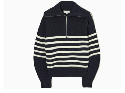 lapel collar knitwear women lantern sleeve striped casual oversize elegant knitted sweater tops