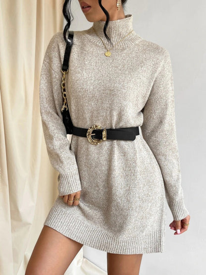 Solid color elegant knitwear women pullover turtleneck knitted casual one piece dress