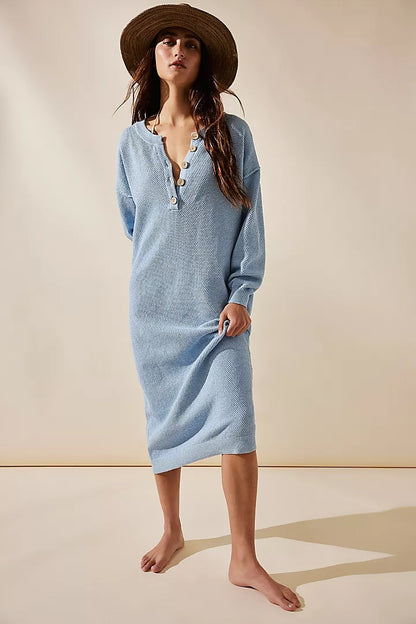 High quality elegant round neck knitwear button temperament commuter ladies sweater long maxi knitted dress for women