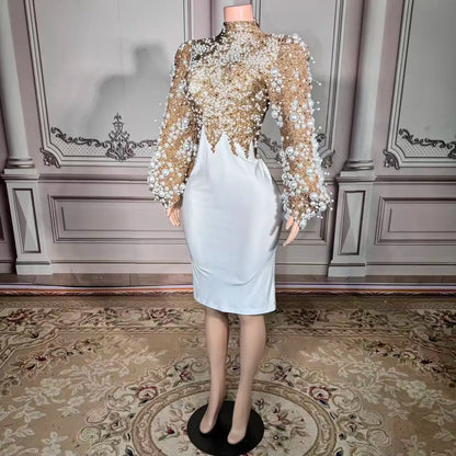 ZD Elegant Pearl Rhinestone Mini Dress-Luxury Regular Sleeve Party Gown High Neck Natural Eco-Friendly for Stage Performances