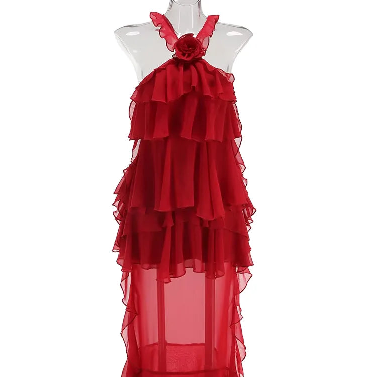 High Quality New 2026 Spring Modern A-Line Women’s Chiffon Maxi Dress Allover Cascading Ruffle Flower Patterns Quick Dry RED