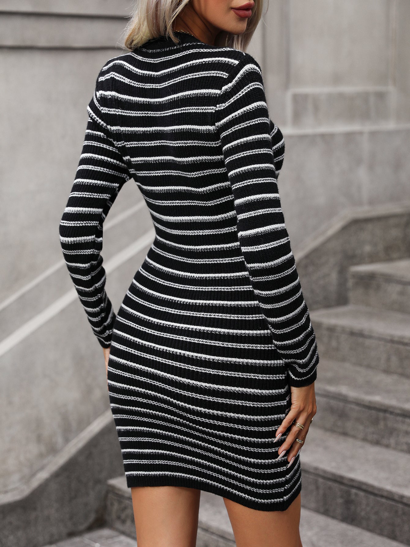 Knitwear o-neck knitted bodycon women midi slim waist pullover striped sexy dress