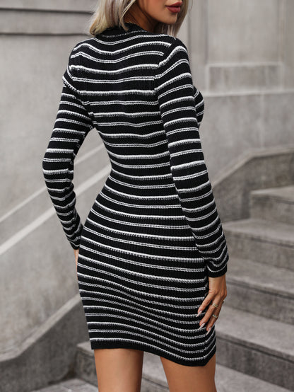 Knitwear o-neck knitted bodycon women midi slim waist pullover striped sexy dress