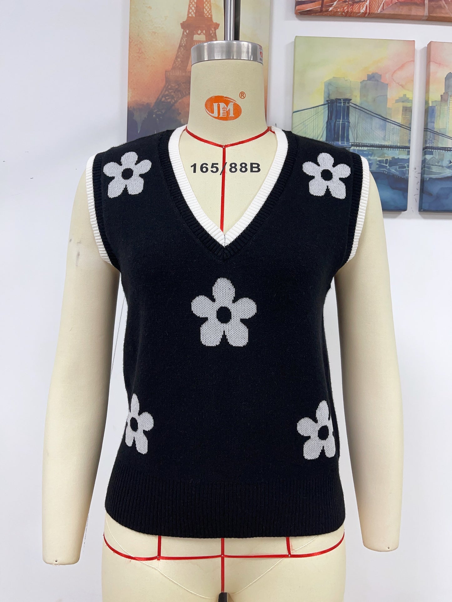 Hot sales flower print v neck women knitwear color blocking elegant v neck knitted sleeveless sweater