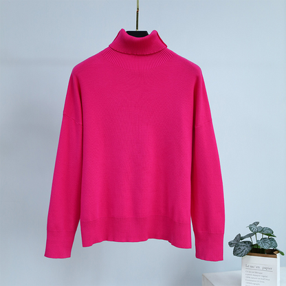 Fall winter fashion ladies sweater loose turtleneck pure color knitted pullover long casual knitwear