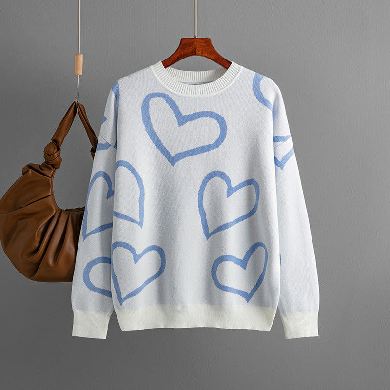 Hot selling Casual Valentine’s Day Long Sleeve Knitwear Color Blocking Knitted Loose Heart Pullover Women Sweater