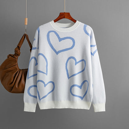 Hot selling Casual Valentine’s Day Long Sleeve Knitwear Color Blocking Knitted Loose Heart Pullover Women Sweater