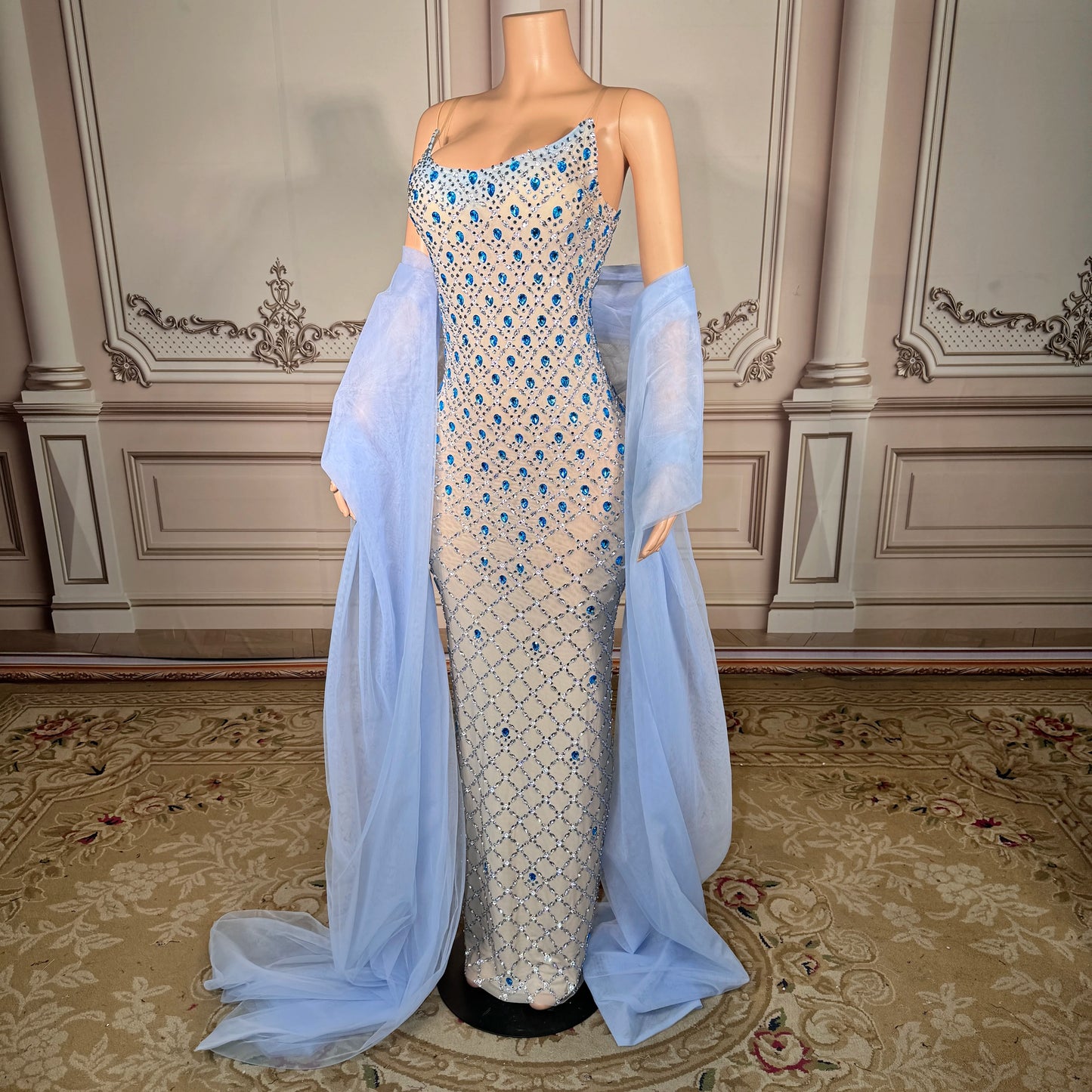 ZD Sparkly Dazzling Blue Crystal Beaded Strapless Club Floor-Length Natural Eco-Friendly Fitted Spaghetti Slip Elegant Prom